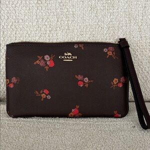 Coach Dark Brown Wristlet with Floral Accents